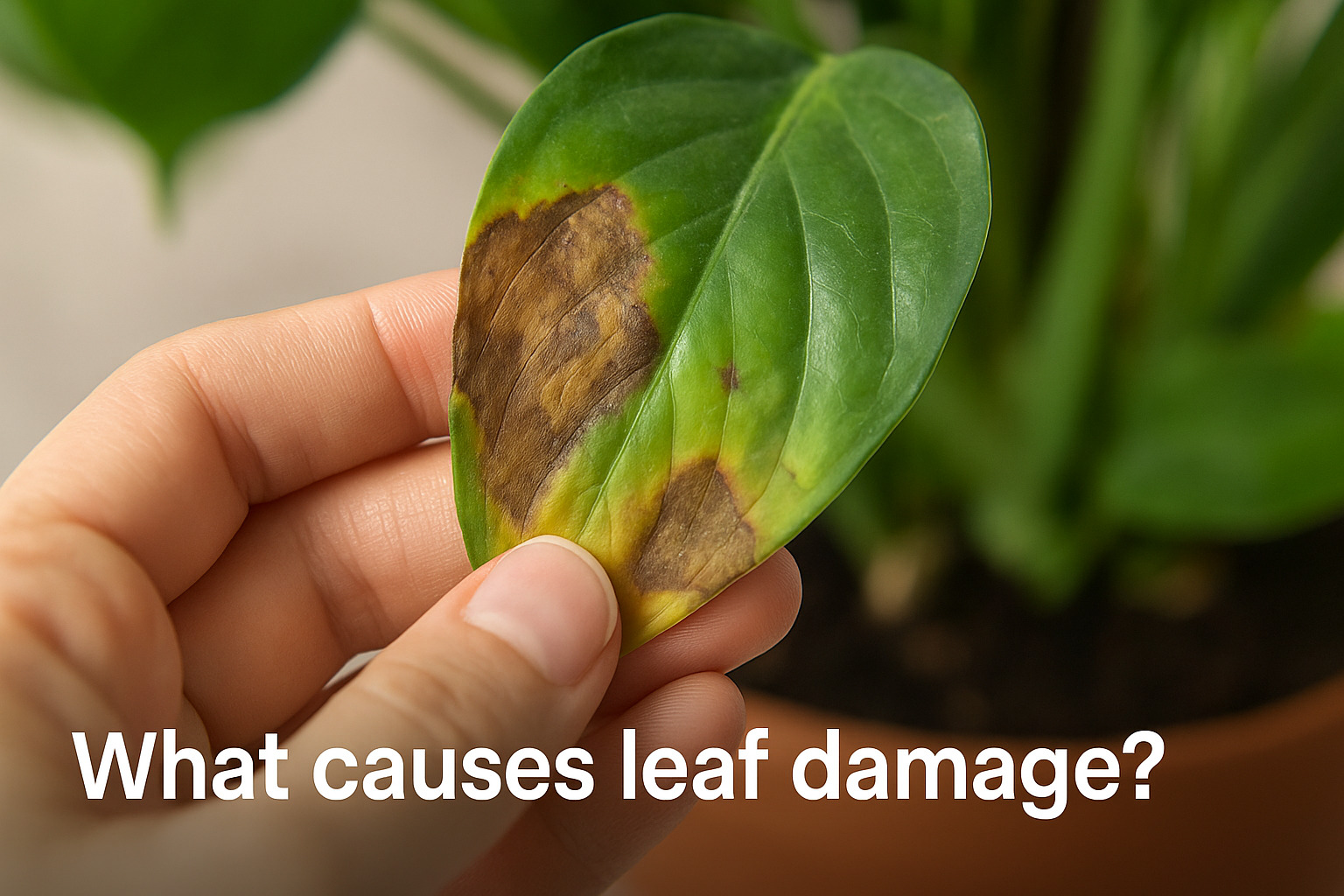 Close-up of a hand holding a damaged indoor plant leaf with brown and yellow patches — illustrating common causes of leaf damage like overwatering, pests, and fungal infections.